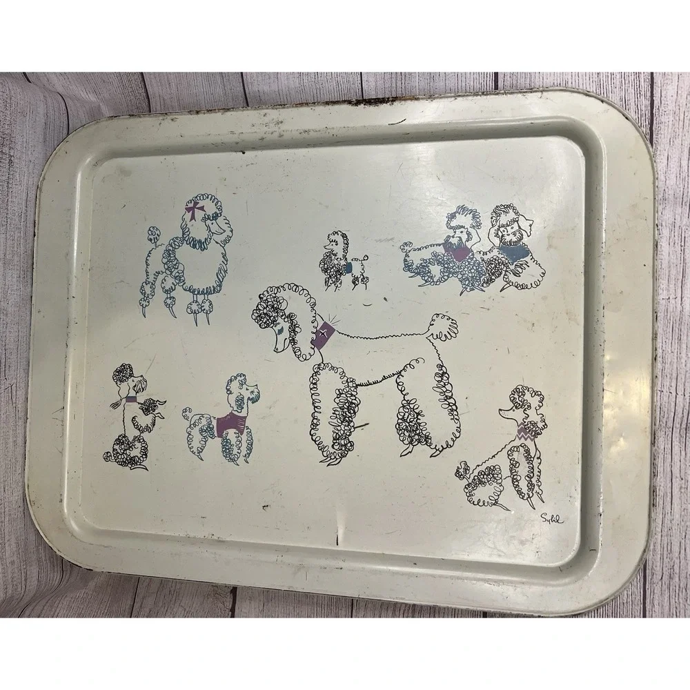 Mid Century Poodle Tray‎ By Sybil TV White Blue Pink Kitschy